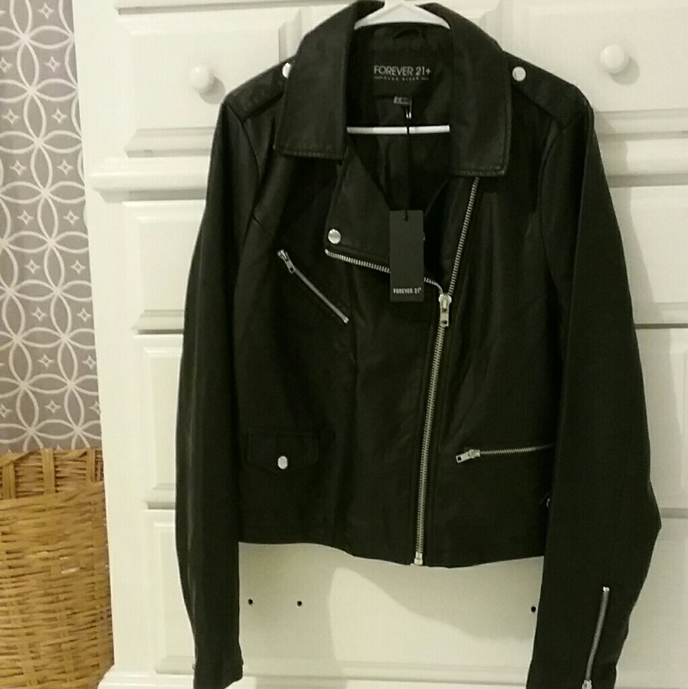 New Forever 21 Black Moto Faux Leather Jacket 1x